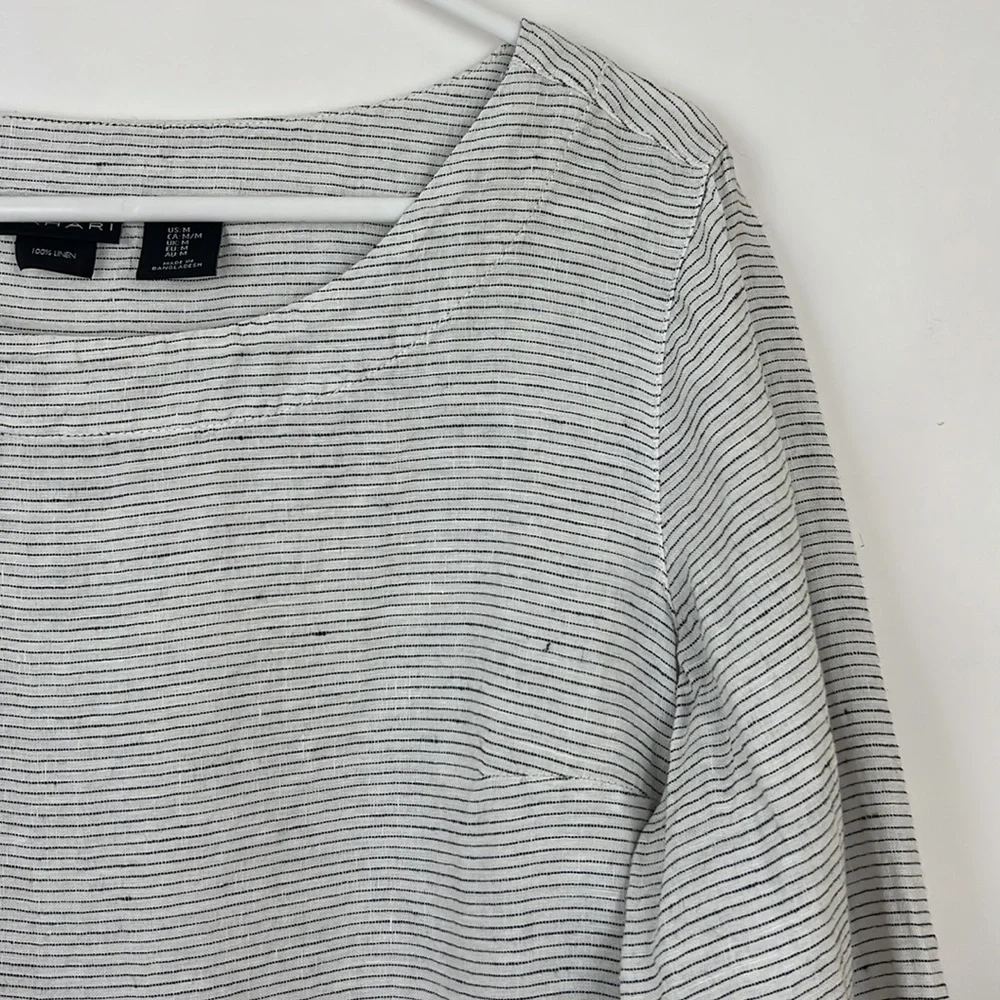 TAHARI 3/4 sleeve pullover top thin black stripes on white linen M - Picture 4 of 9